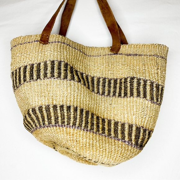 Woven Straw Tote Natural Stripe Leather Handle Market Bag - Picture 2 of 7